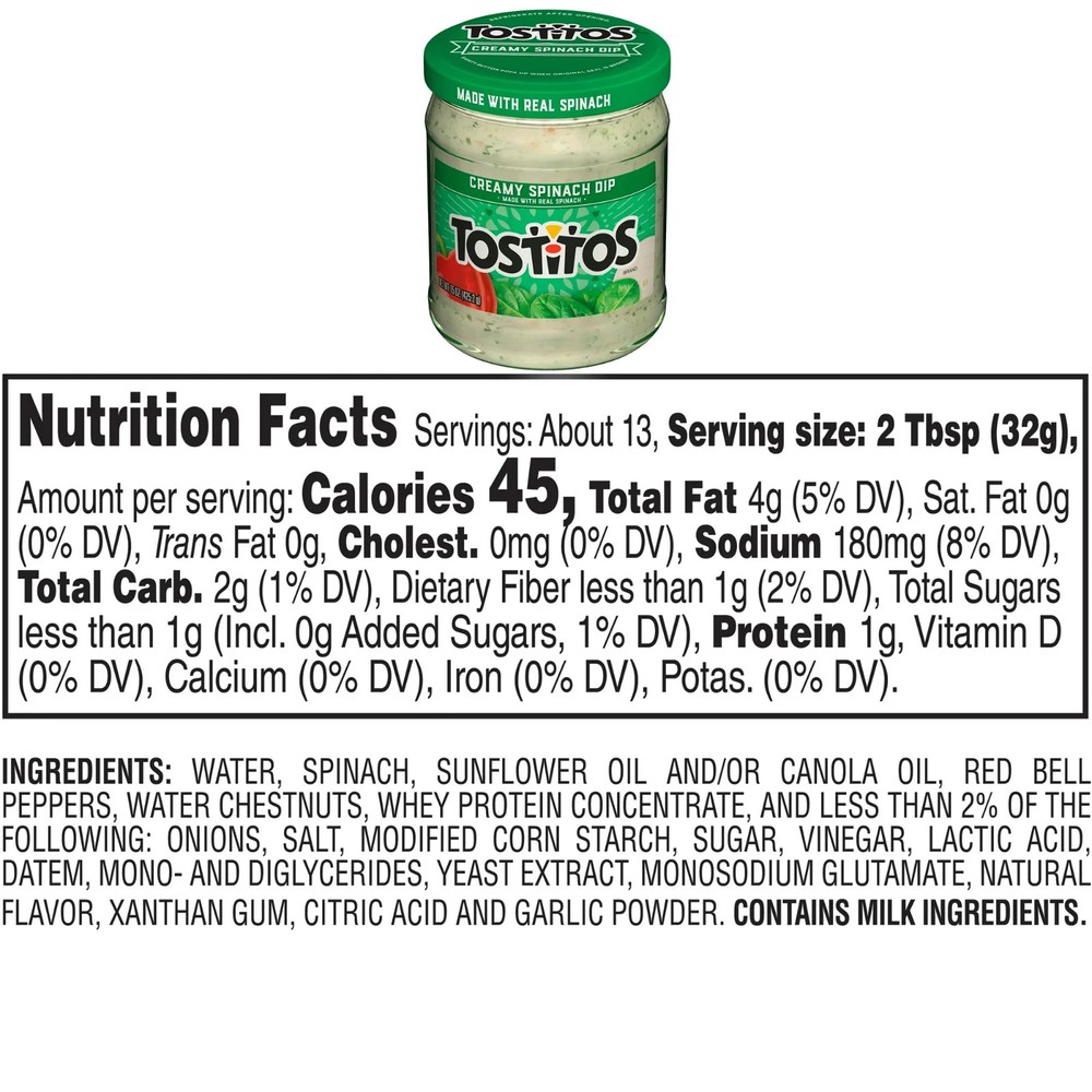 Tostitos Creamy Spinach Dip, 15 oz Jar.