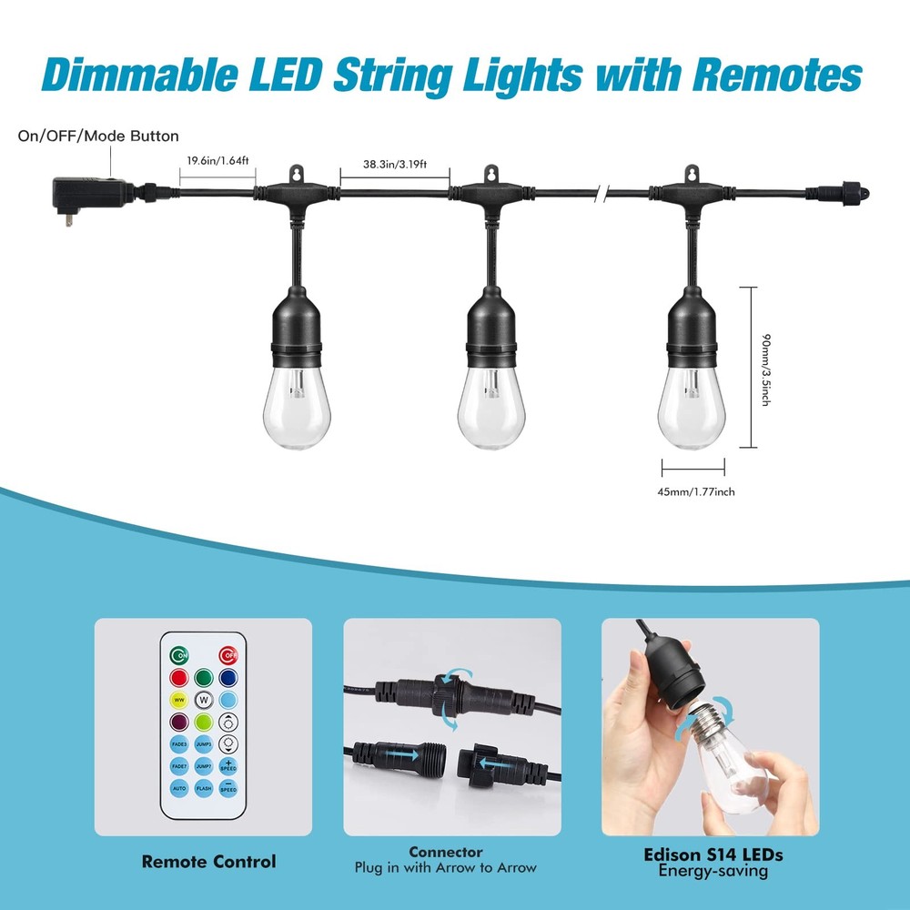 24FT Solar Outdoor String Lights, 12 Shatterproof Edison LED Bulbs, Dimmable ...