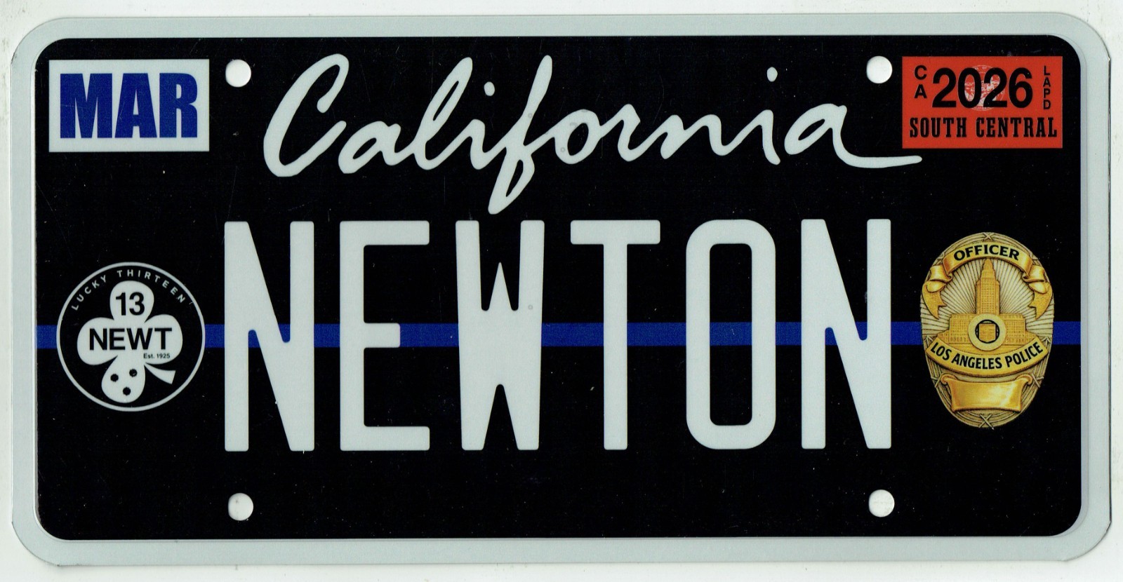 LAPD Shootin' Newton Lucky 13 Thin Blue Line Los Angeles Police License Plate
