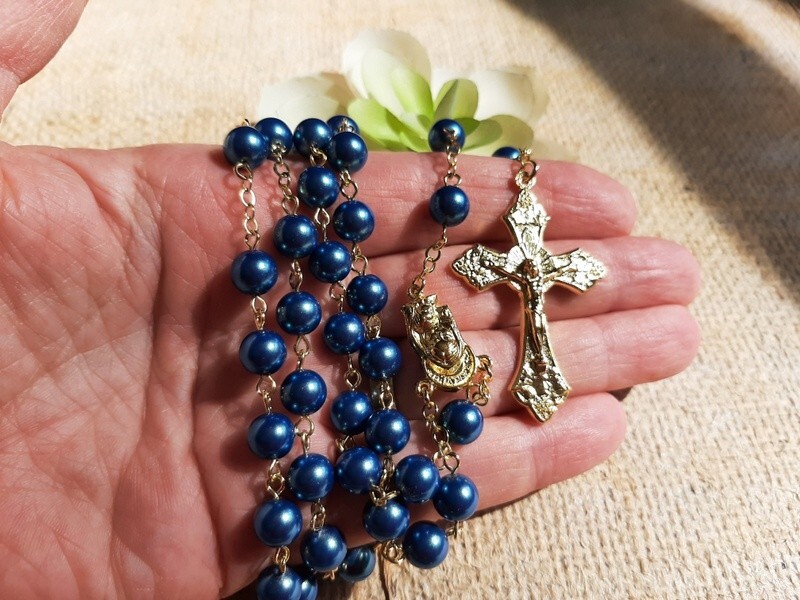 Paris Blue Glass Pearl and Crystal Rosary in Gold