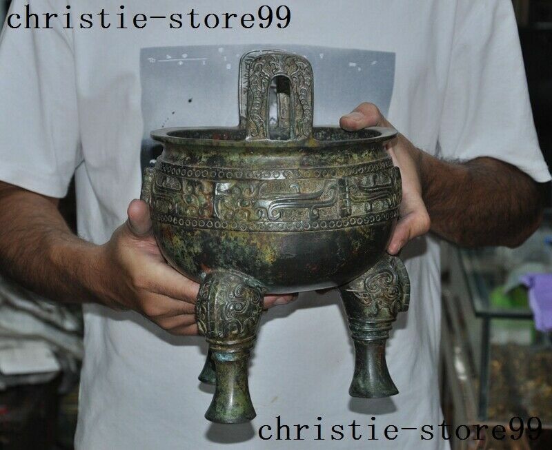 Old Chinese Bronze Ware Dynasty beast face Word 3 leg Incense Burner Censer