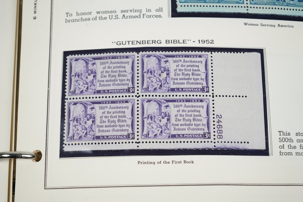 US 1950s-1960s COLLECTION OF 240 MINT PLATE BLOCKS STORED IN MINKUS ALBUM