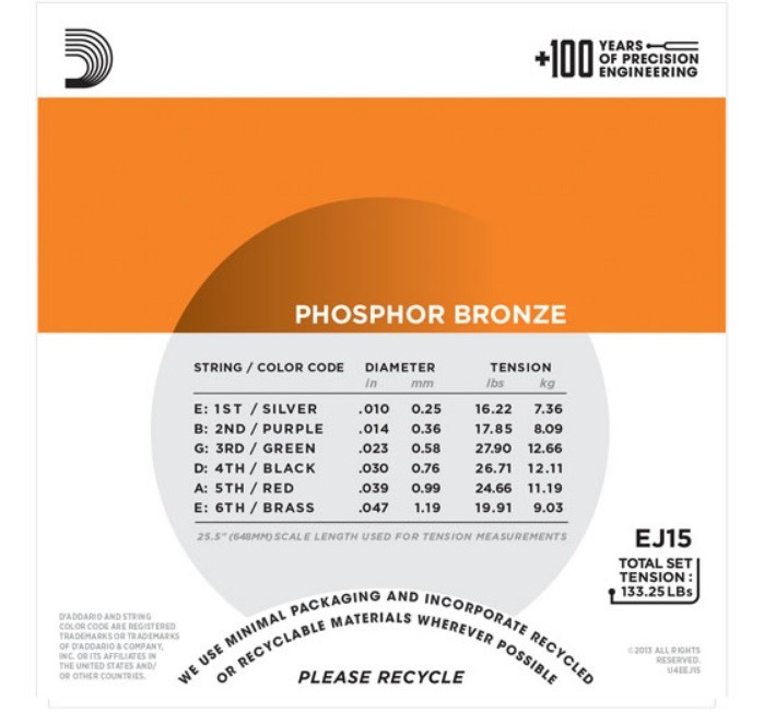 D'Addario EJ15 Phosphor Bronze Extra Light Acoustic Guitar Strings 10-47