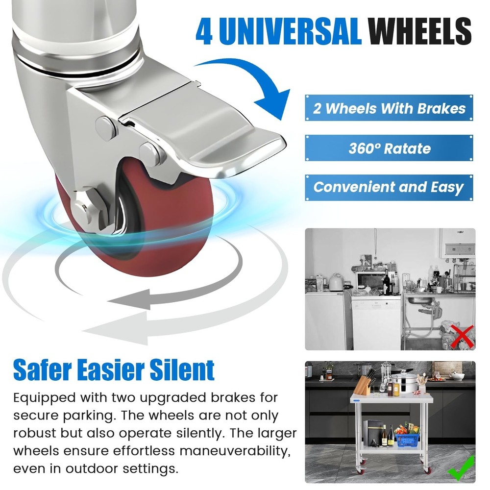 Stainless Steel Table for Prep & Work with 4 Caster Wheels with Adjustable Un...