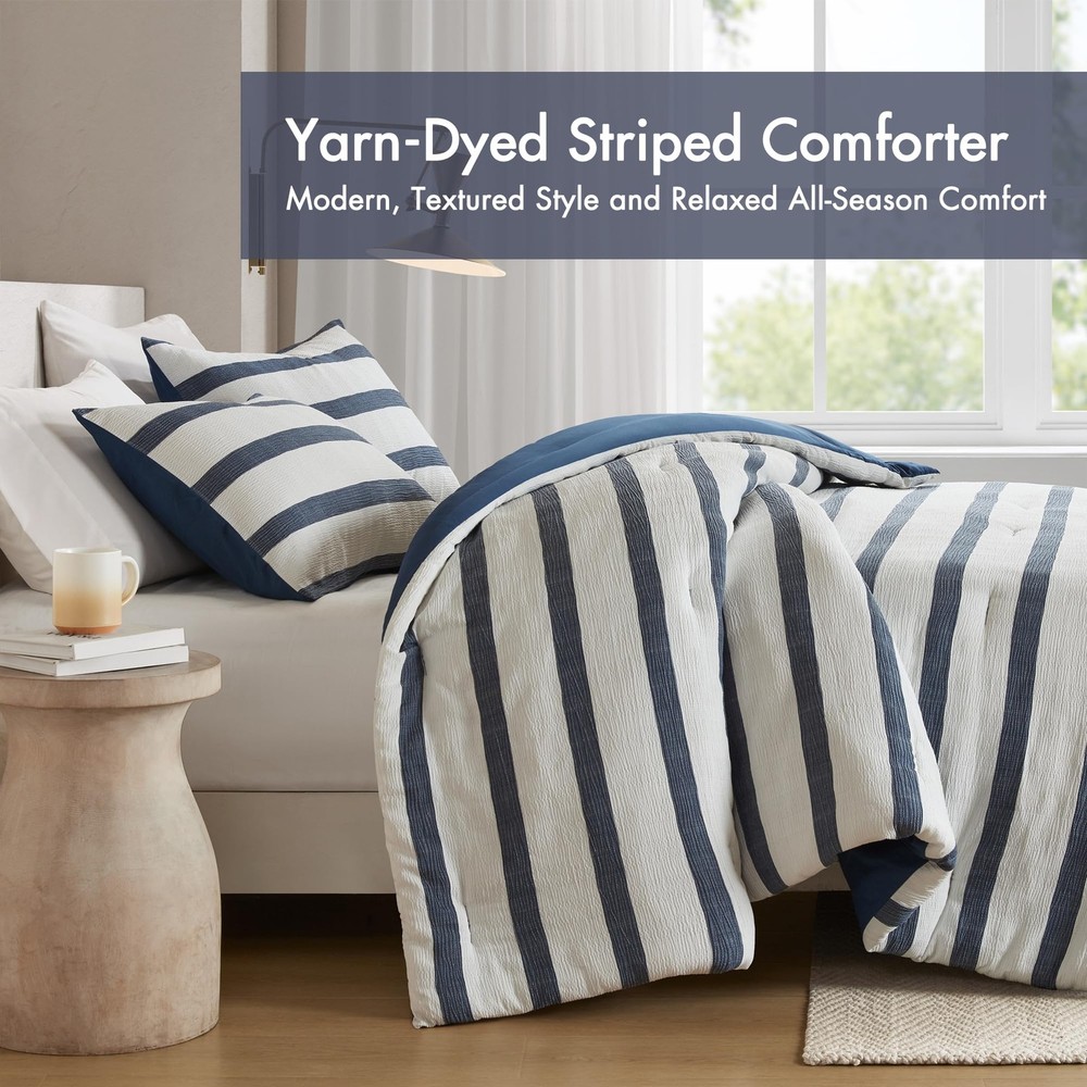 Essentials Striped Comforter Set King Size, Yarn-Dyed Reversible Comforter wi...