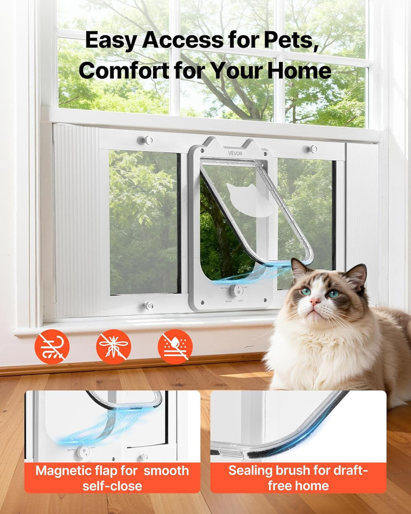 Cat Door for Window, Adjustable to Fit Window Width 31"-36", 4 Secure Lock Modes
