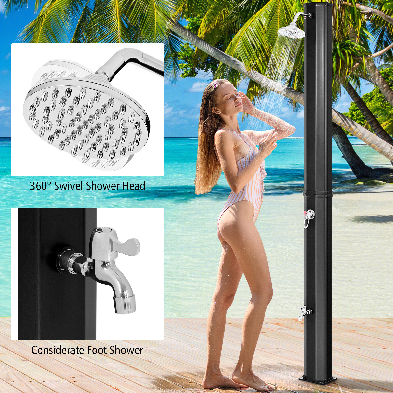 9.3 Gallon Outdoor Solar Heating Shower 7.2Ft Adjustable Shower Head W/Base