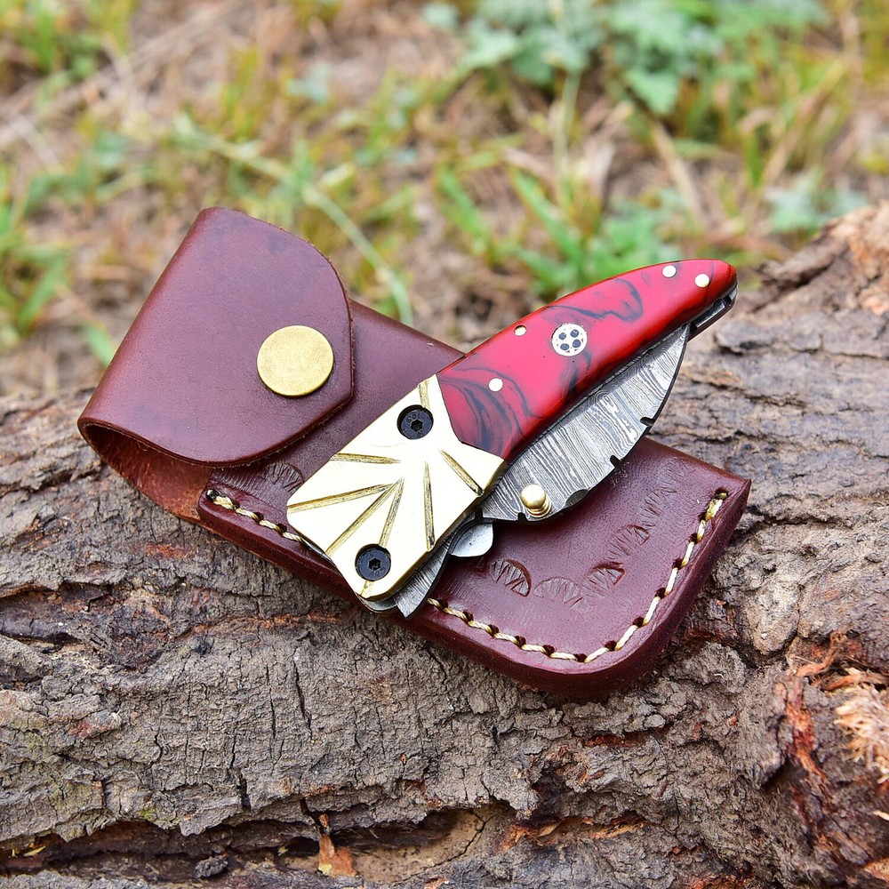 RARE FORGE DAMASCUS RESIN HUNTING FOLDER POCKET EDC SHARP KNIFE SHEATH