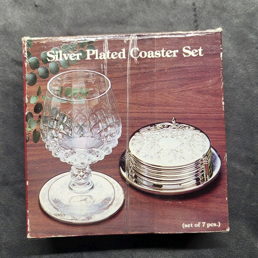 Silverplate Coasters With Stand Caddy 7 Piece Set Needs Polished
