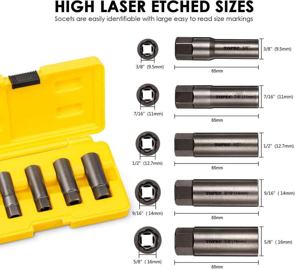 Topec 5-Piece Spiral Type Deep Extractor Set, Spark Plug One Size, 5pcs