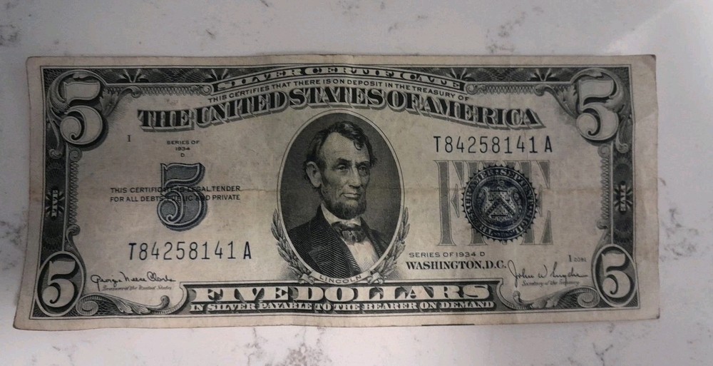 1934-D $5 Silver Certificate Blue Seal Average Circ