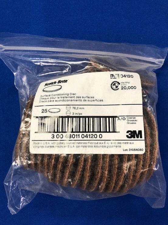 25  3" 3M Coarse Surface Conditioning Disc Brown 04120 Scotch Brite Hook Loop