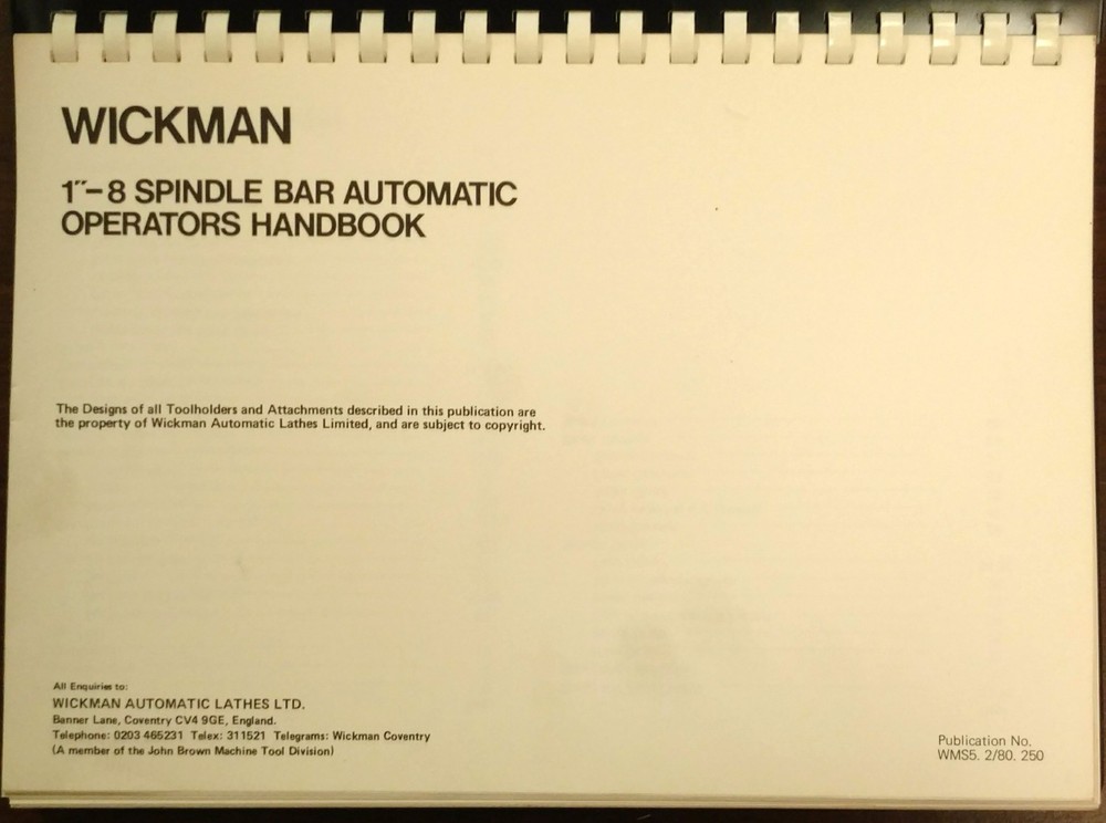 Wickman 1"-8 Spindle Bar Automatic Operators Handbook