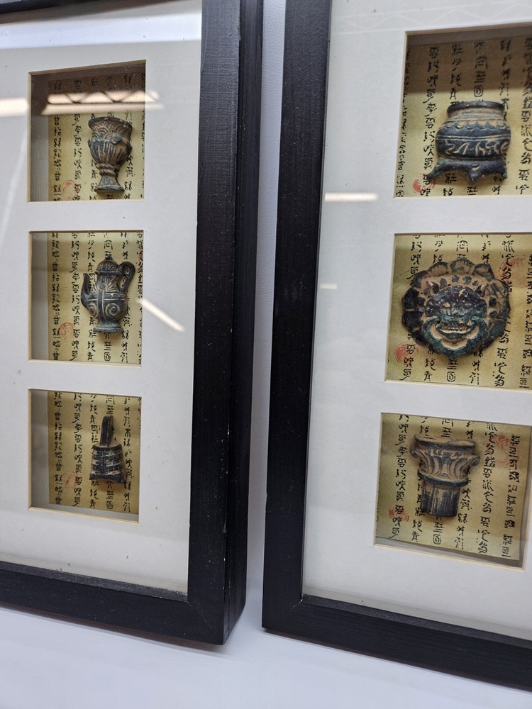 Set 2 Vintage Chinese Objects in Shadow Box Wall Decor - Calligraphy Beautiful!