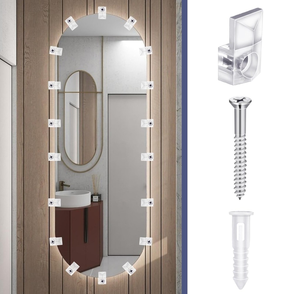 32Pack Mirror Holder Clips,Clear Plastic Mirror Clips,Frameless Mirror Mounting