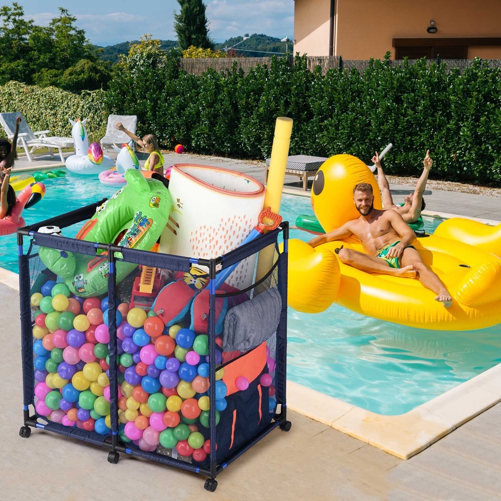 Apluschoice Metal Frame Pool Toy Storage Bin with 6 Wheels & Side Pocket