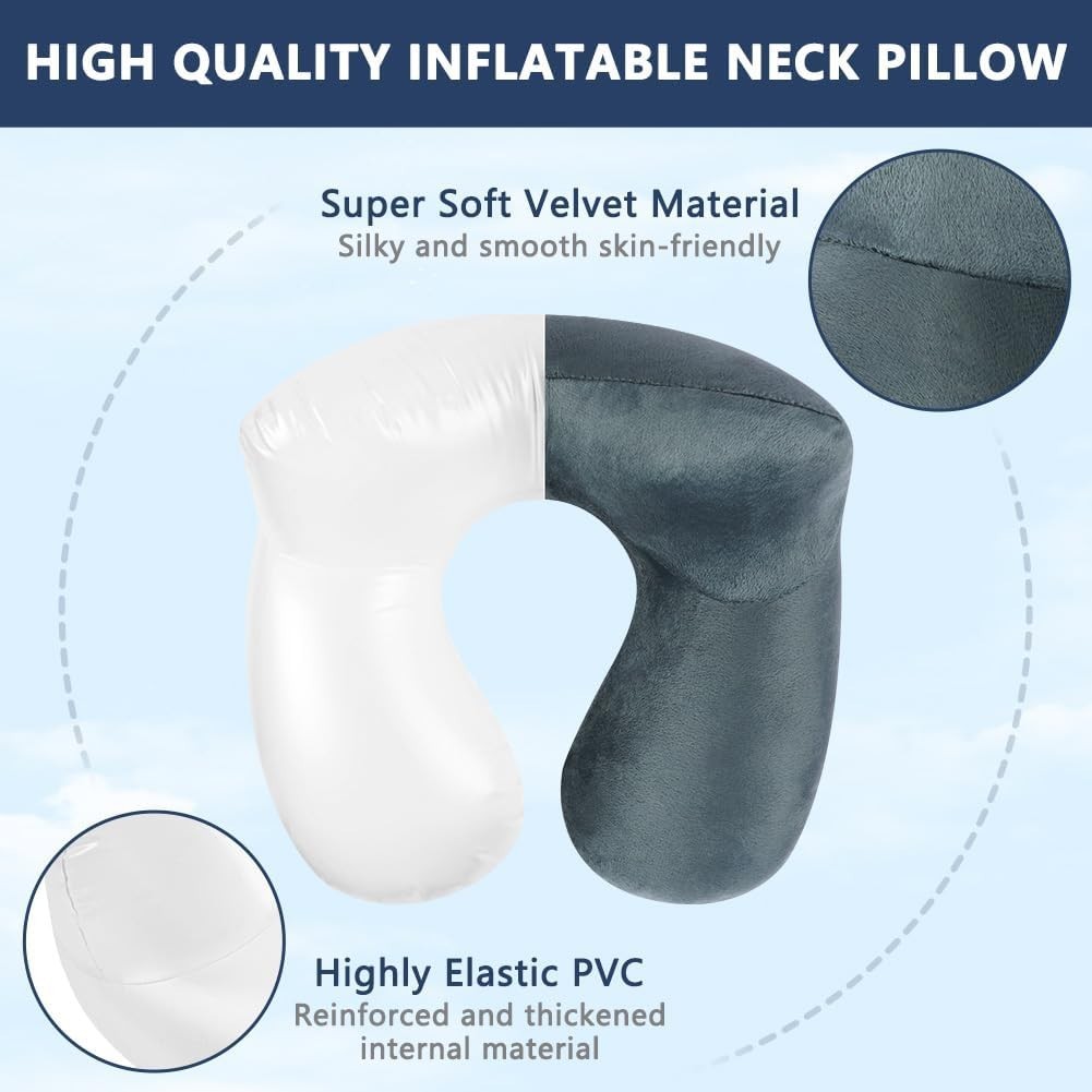 Inflatable Neck Travel Pillow Soft Velvet Ergonomic Airplane Car Grey