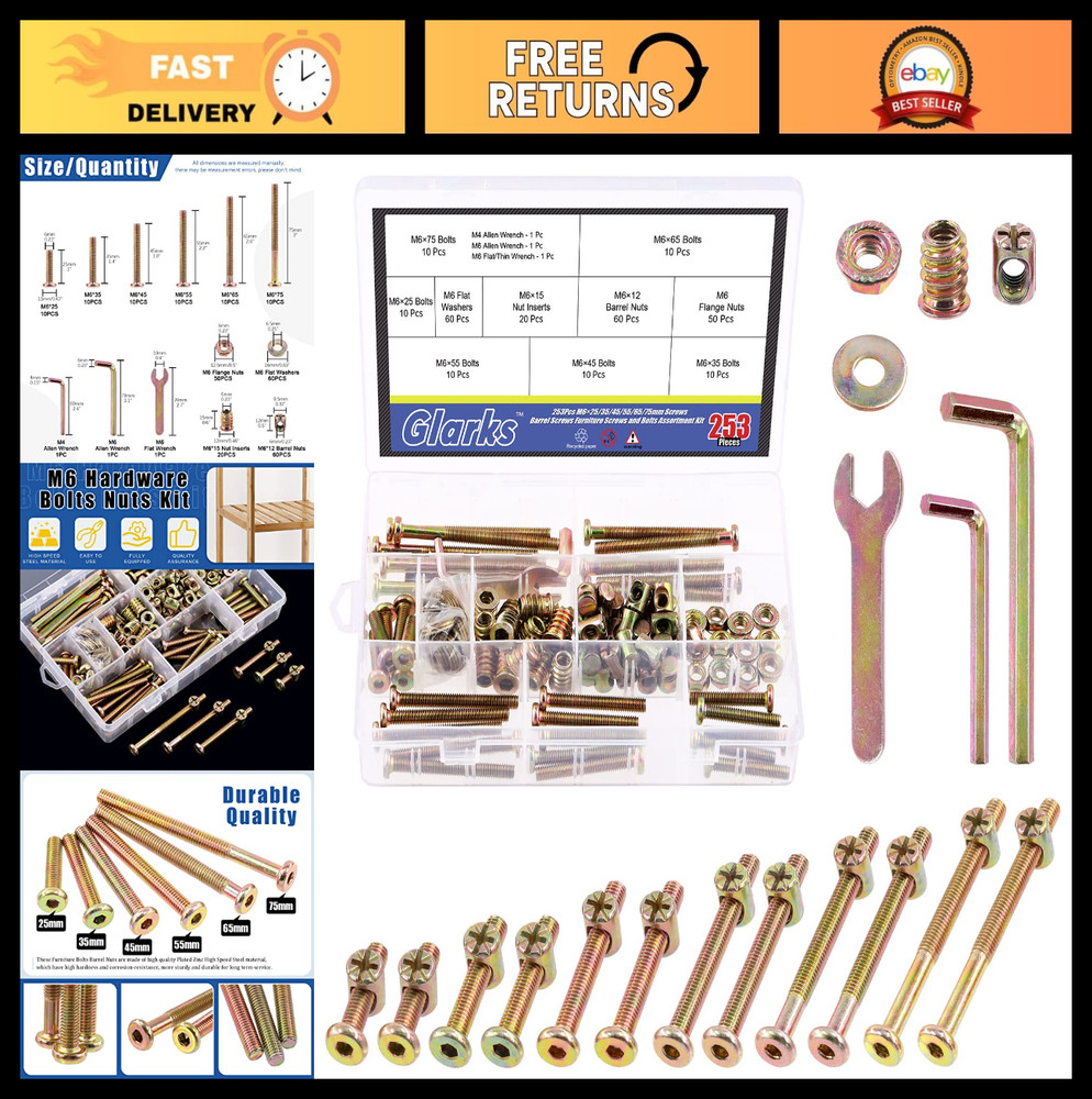 253Pcs M6 Crib Screws Hardware Kit - Hex Socket Cap Screws, Nuts, Washers & Tool