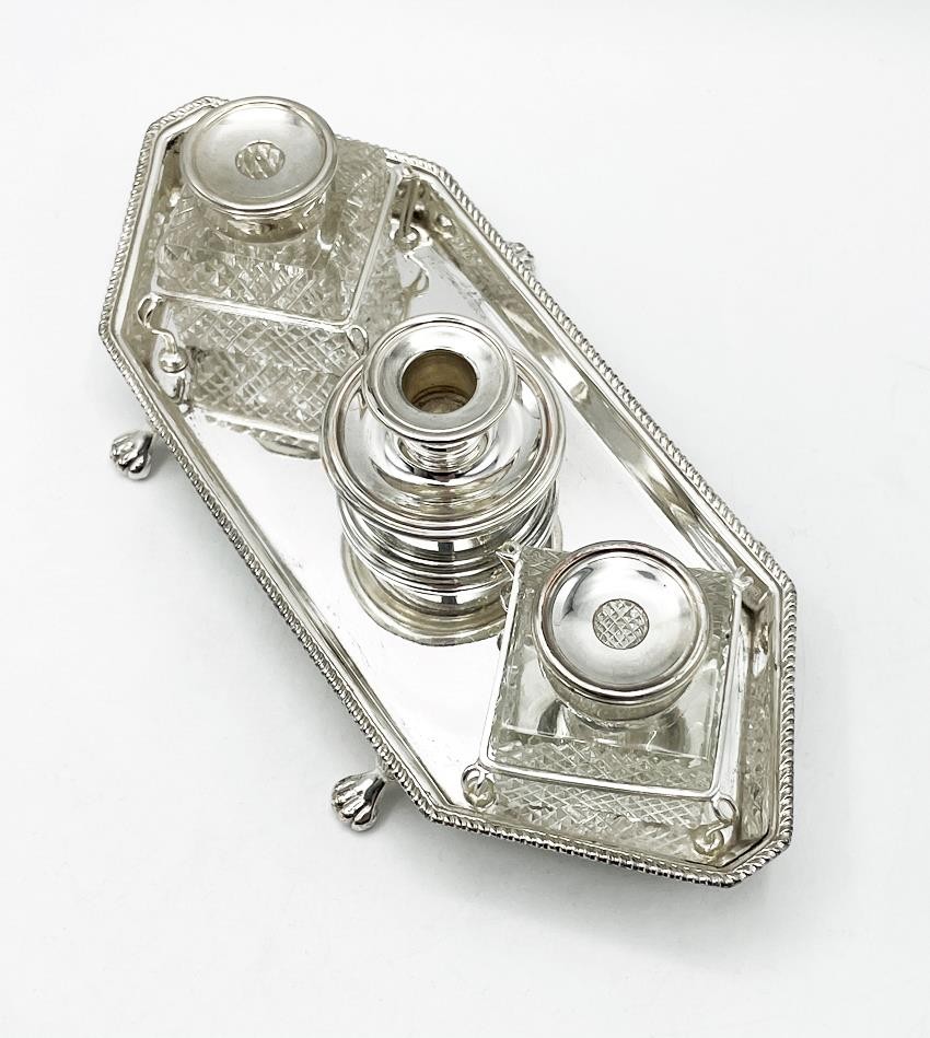 DESK INKSTAND SILVER PLATED ANTIQUE LION PAW FEET