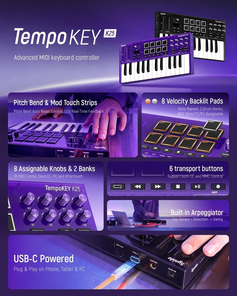 USB C MIDI Keyboard Controller 25 Keys with 8 Backlit Drum Pads, OLED Screen,...