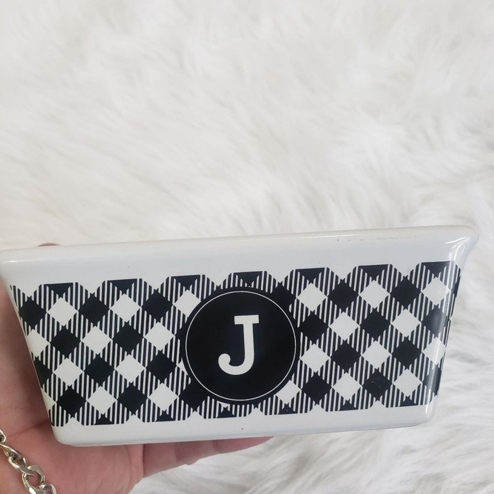 Nantucket "J" initial mini loaf ceramic baking dish with black check design