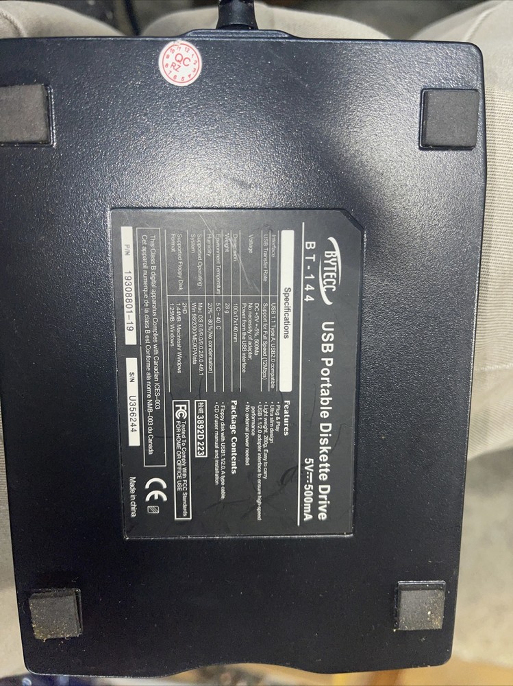 Bytecc USB Portable Diskette External Floppy Drive BT-144 Works Good