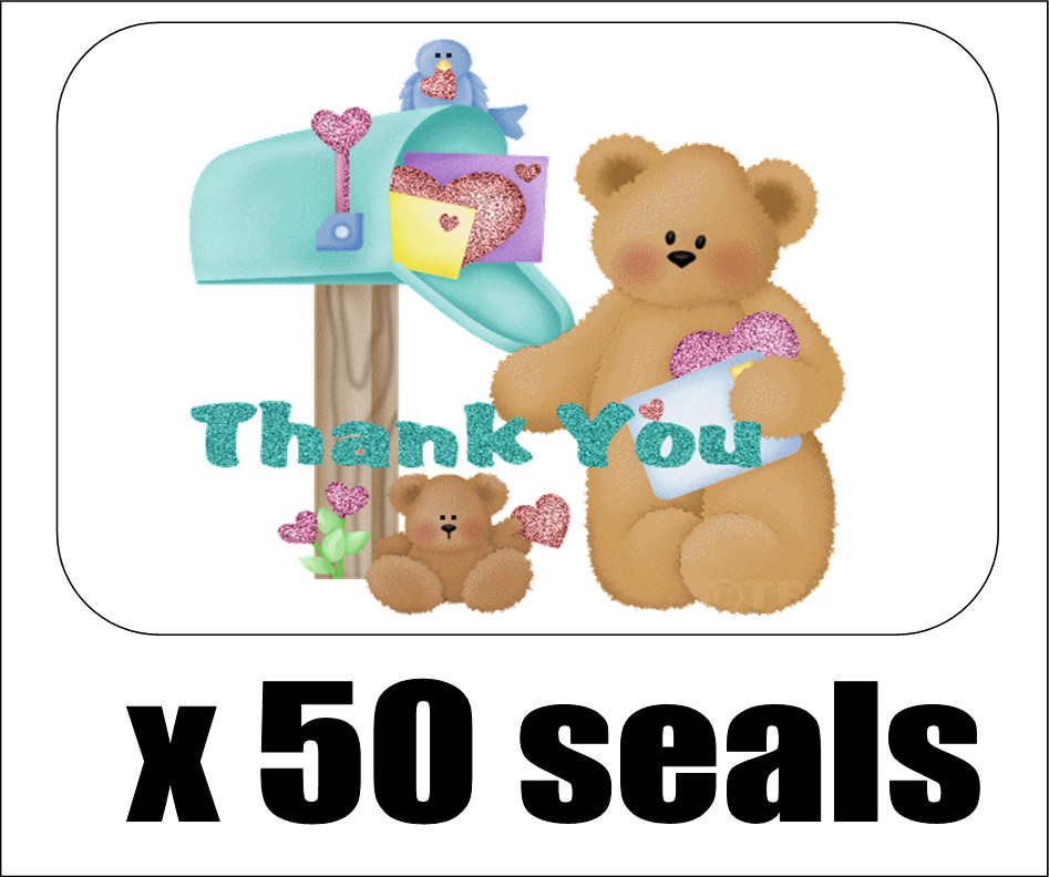 50 Cute Bear at Mailbox Thank You Envelope Seals / Labels / Stickers, 1" x 1.5"
