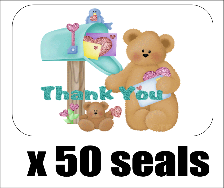 50 Cute Bear at Mailbox Thank You Envelope Seals / Labels / Stickers, 1" x 1.5"