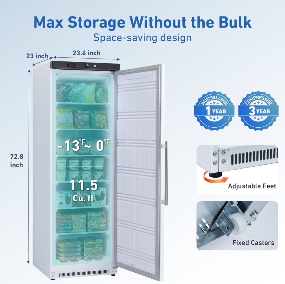 KOOLOTS 11.5 Cu.Ft White Commercial Upright Freezer Solid Door Deep Fridge Lock
