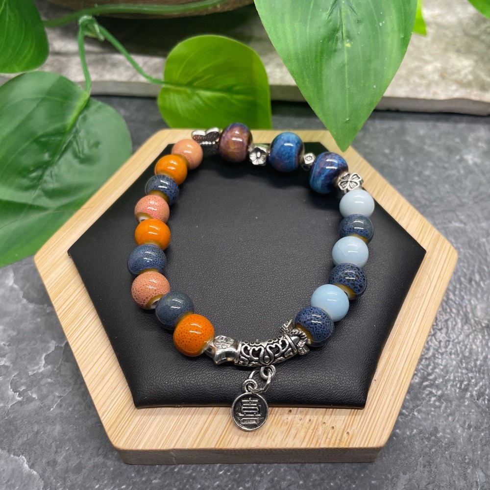Handmade Ceramic Bead Beaded Stackable 6.5” Plus Stretch Bracelet New B505