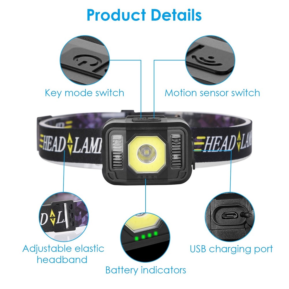 2x Rechargeable COB LED Head Lamp Flashlight Motion Sensor Headlamp 6 Light Mode