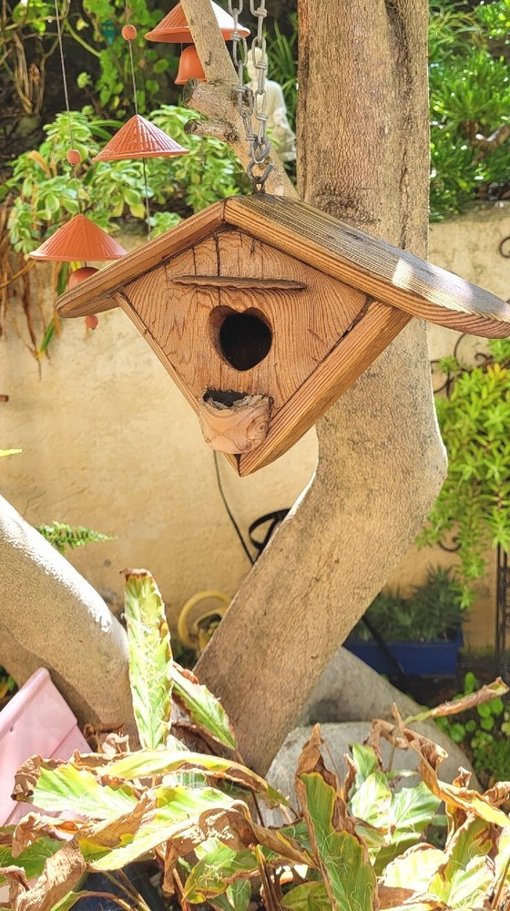 Vintage Triangular Hanging Birdhouse In Solid Oak, Heart Shaped Entry, Good Cond