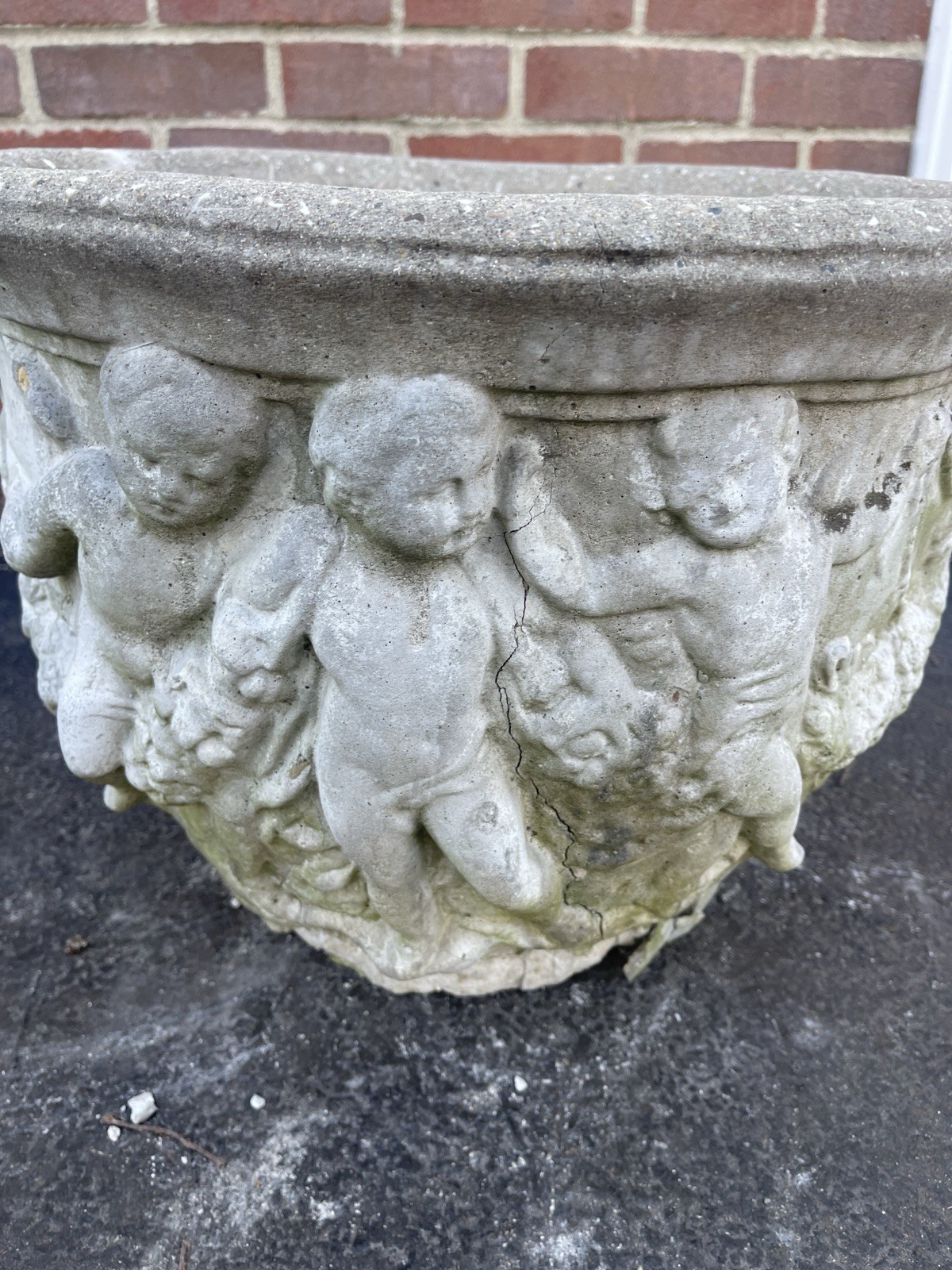 Antique Weathered Concrete Garden Urn Planter 18” Round 14” Tall Patina Cherub