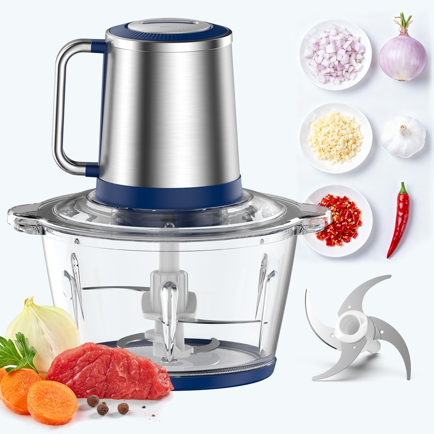 KOIOS Electric Food Processors Chopper w/8 Cup Glass Bowl Stainless Steel Blade