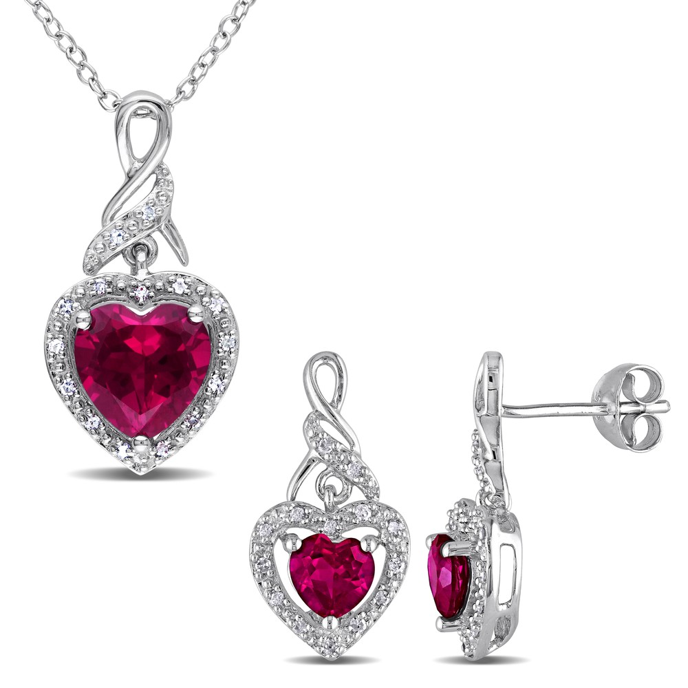 Amour Sterling Silver Created Ruby & Diamond Earrings & Pendant with Chain Set