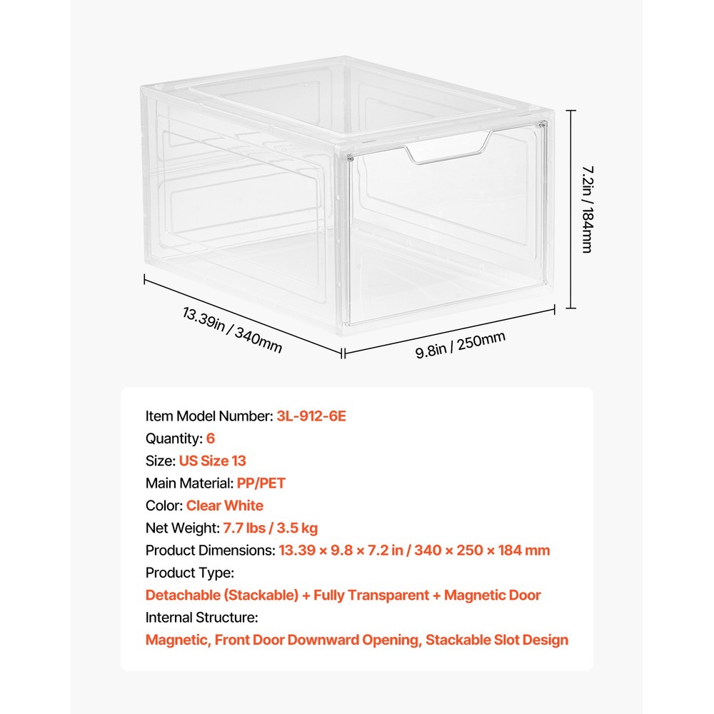 Shoe Storage Boxes 6 Pack Stackable Shoe Boxes US Size 13 Transparent White