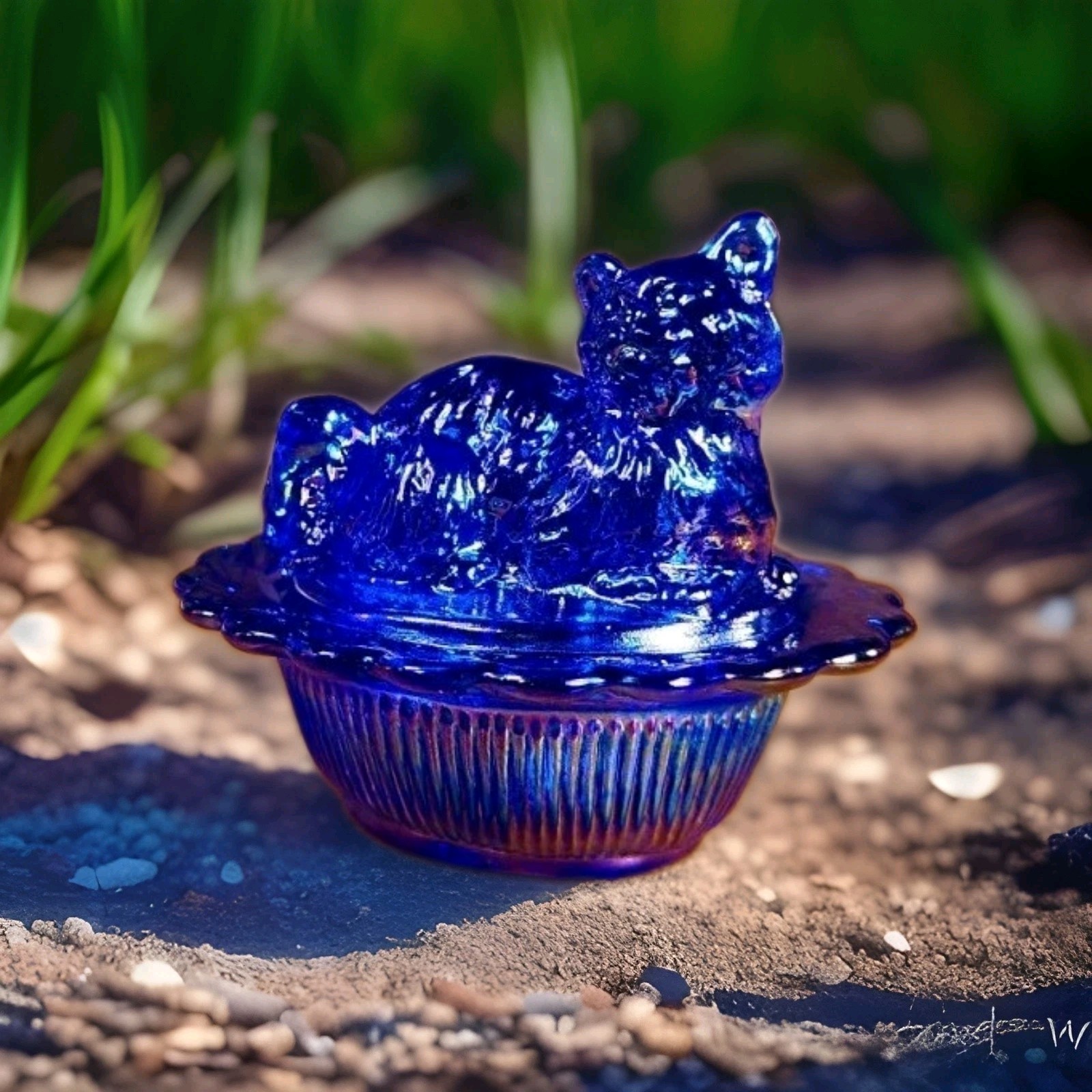 Mini Cat On Basket Cobalt Blue Carnival 2.75" x 2.25" Mosser Glass