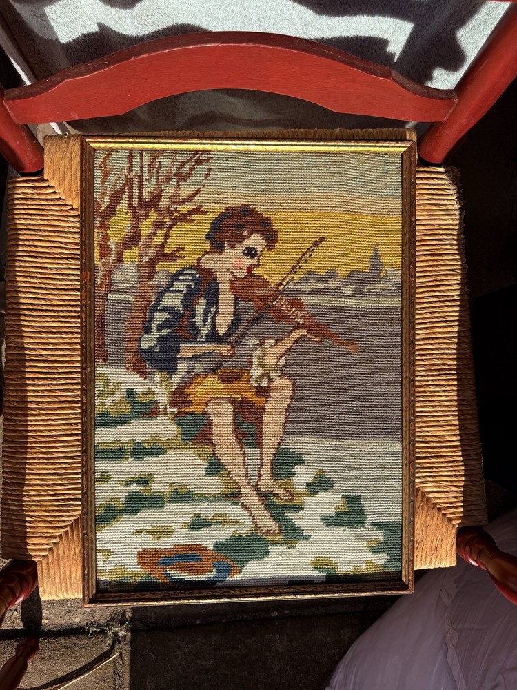 Framed Needlepoint Violin Player by River Scene