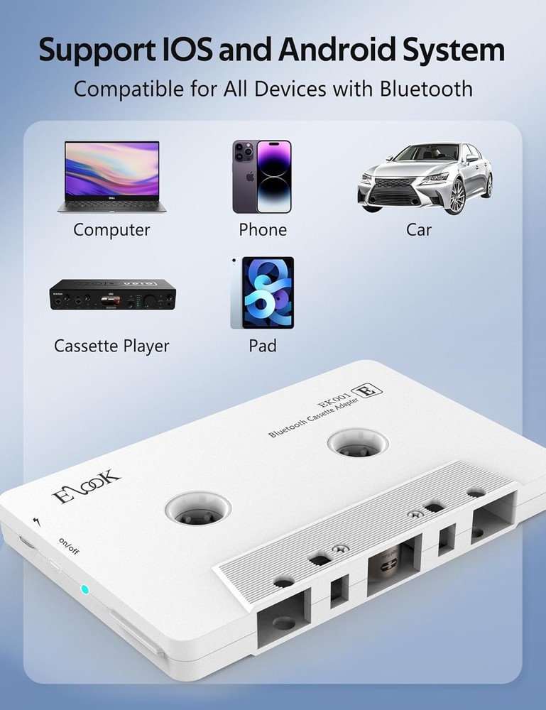 Elegant White Bluetooth Cassette Receiver - Transform Your Car Music Experience