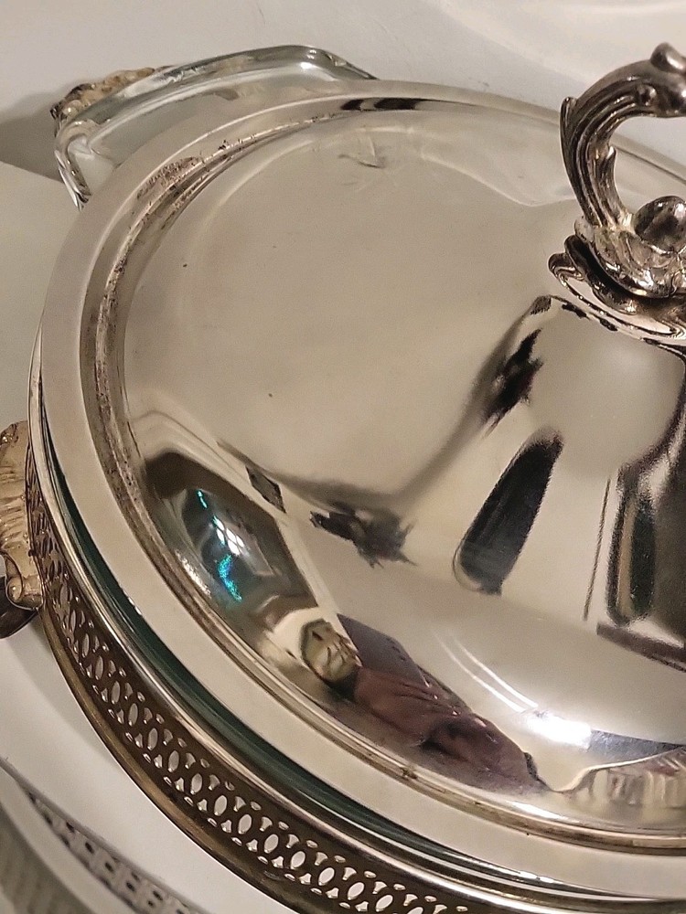 VTG Covered Casserole & Silver Plate 10" Glass Baking Dish Elegant Serving Set
