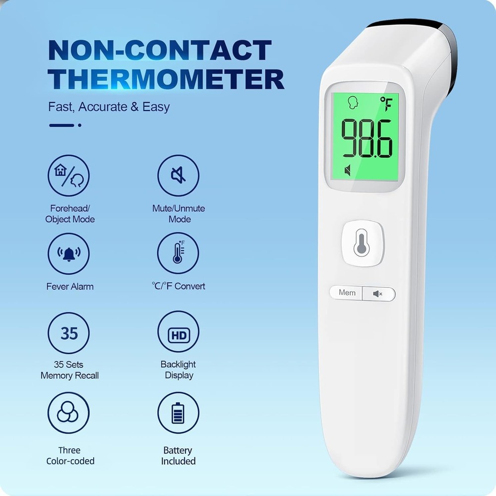 No Touch Digital Thermometer Forehead Object Mode Fever Alarm Silent