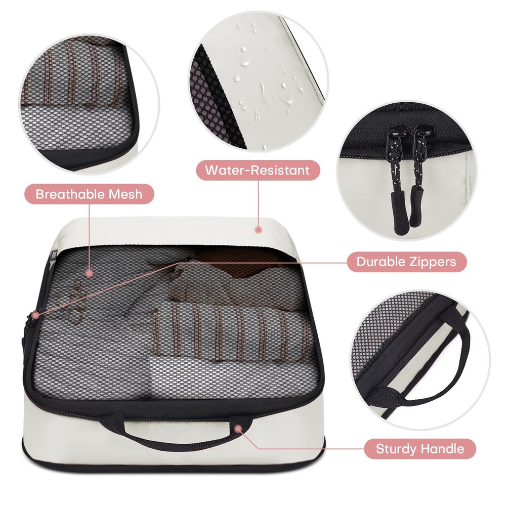 4 PCS Set Compression Packing Cubes for Travel, Lightweight 4 Set, Beige