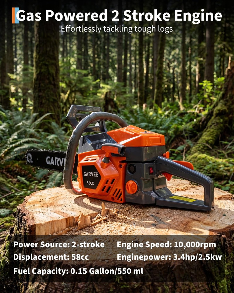 58cc Gas Powered Chainsaw, 2-Stroke Engine with Quick Start & Ergonomic Non-S...