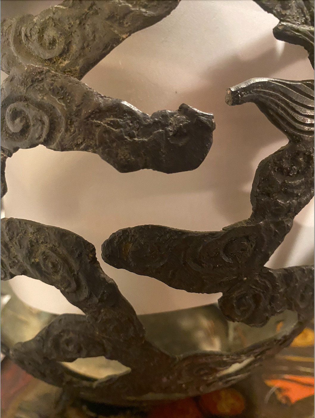 Antique Chinese Qing Dynasty Openwork Bronze with Dragon & Clouds 9” 4lbs c.1900