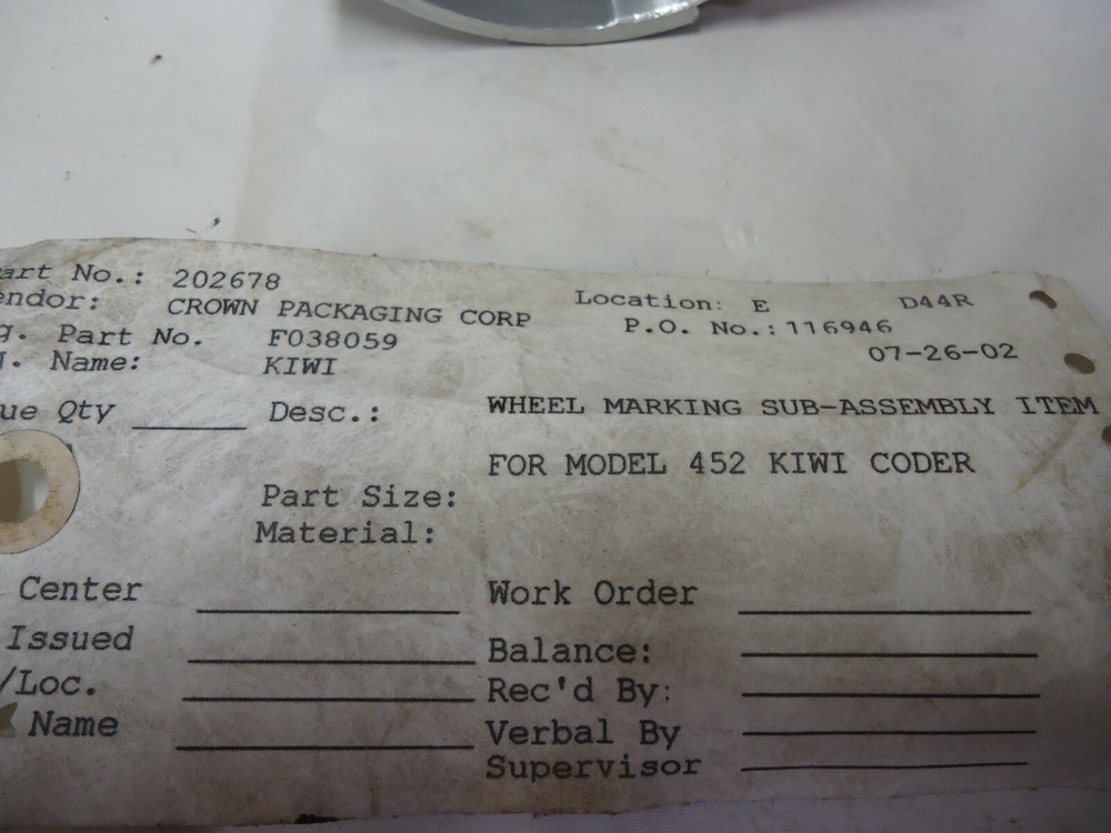Kiwi coder Model 452 Wheel Marking Sub-Assembly F038059
