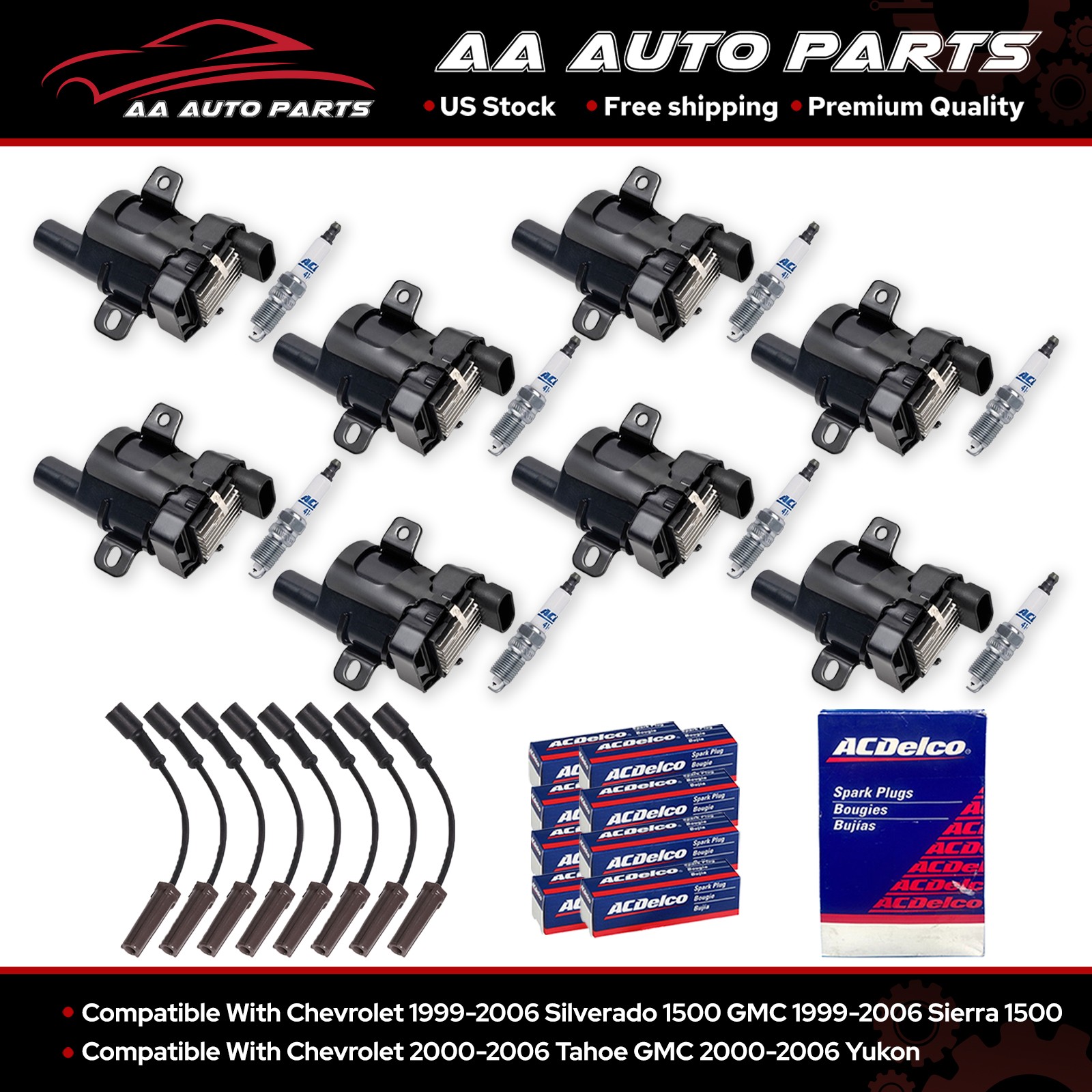 8PCS Round Ignition Coil & Wires & 8 ACDelco Spark Plug for Chevrolet GMC UF262