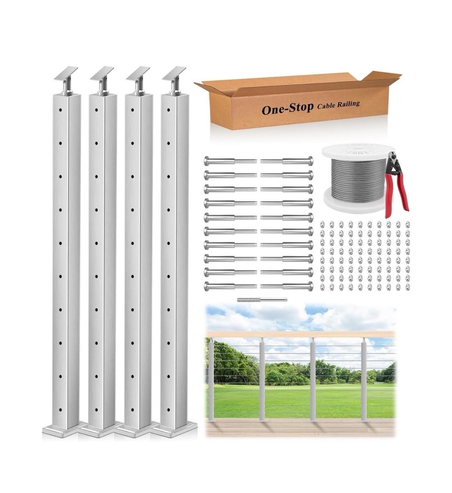 36" One-Stop Cable Railing Post Kits, 4Pack Brushed Finish Level Drilled Line...