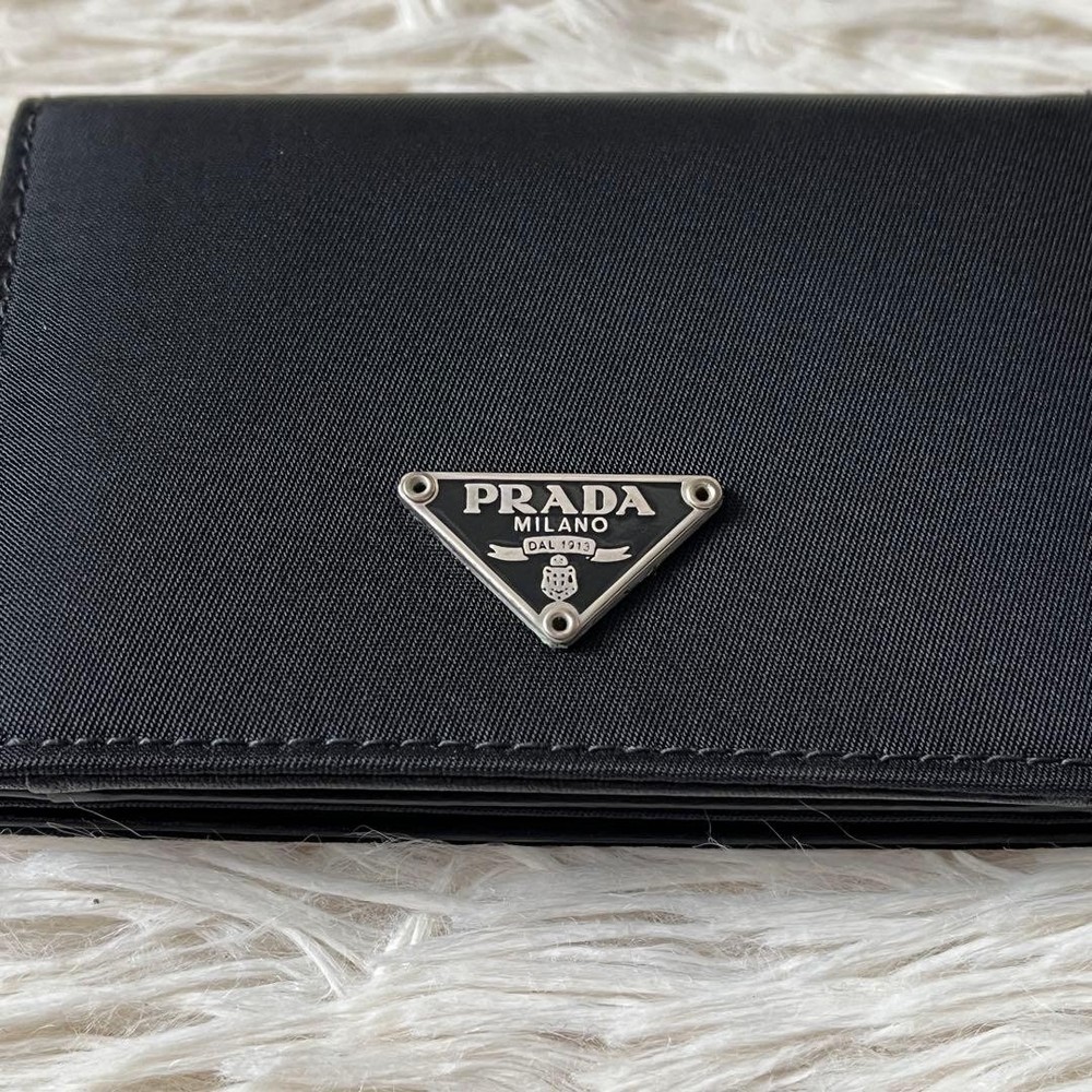PRADA Triangle Logo Plate Compact Bi-Fold Wallet Black