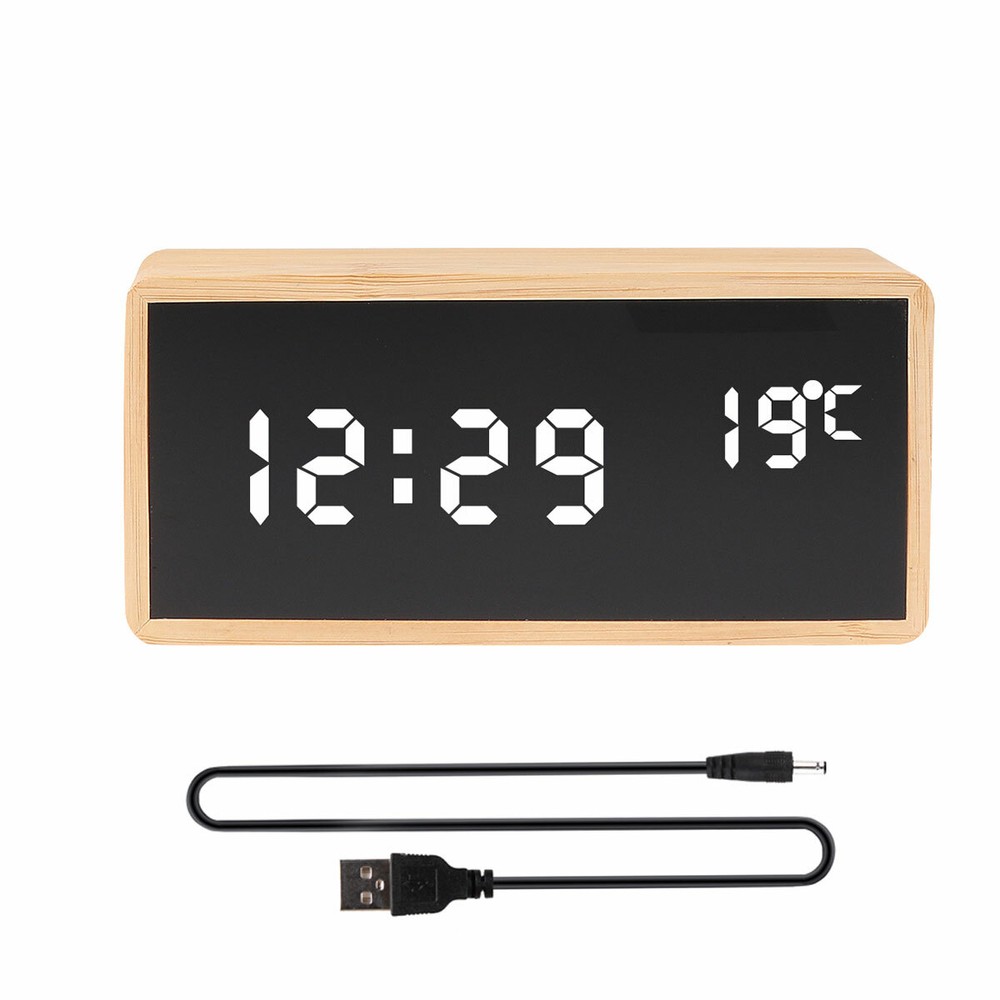 LED Digital Alarm Clock Mirror Double Screen Sound Control Wood Clock