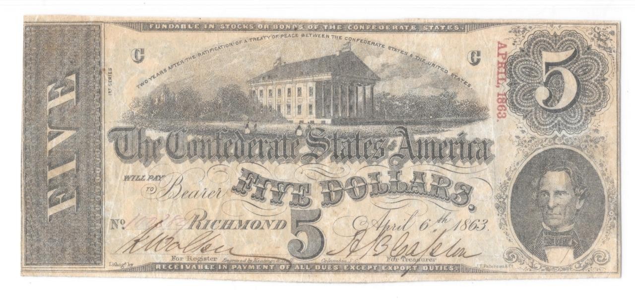 T-60 1863 $5 Confederate PF-4 PMG VF25 Nice Mid Grade Civil War